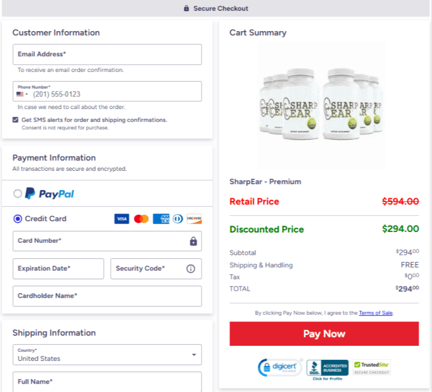 SharpEar secure checkout page with safe and protected order process
